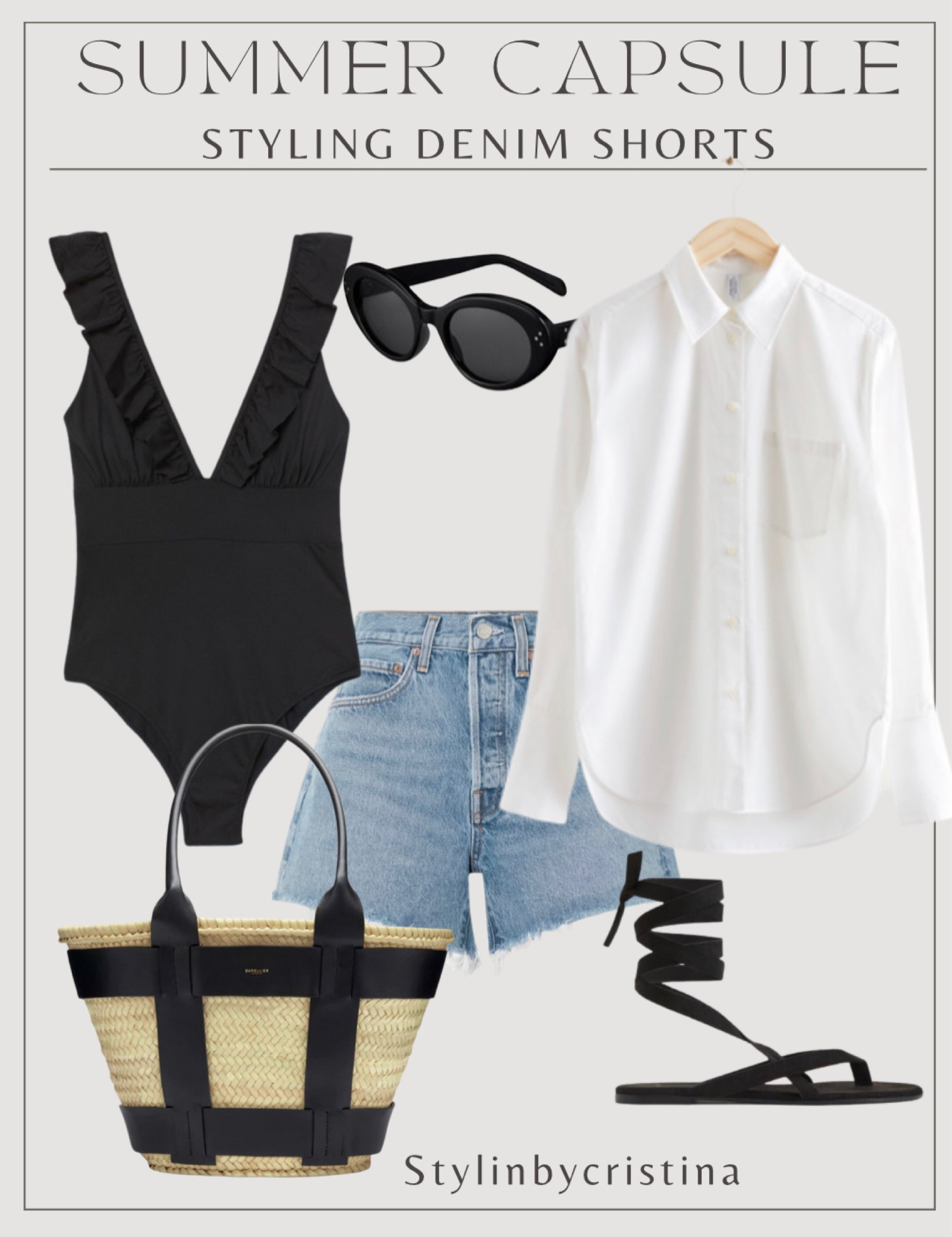 Summer capsule edit! Styling denim shorts for a beach/Pool day. 
Strappy sandals, white buttoned down shirt, black one piece bathing suit, celine sunglasses, Demellier basket bag

#LTKSeasonal #LTKtravel #LTKswim