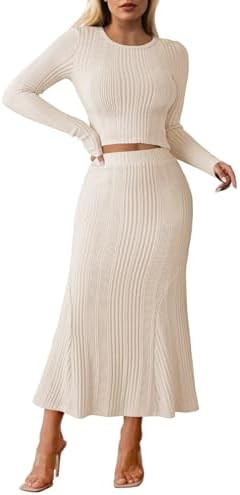 Pink Queen Ribbed Knit 2 Piece Dress Set for Women Fall Long Sleeve Crop Top with High Waist Skir... | Amazon (US)