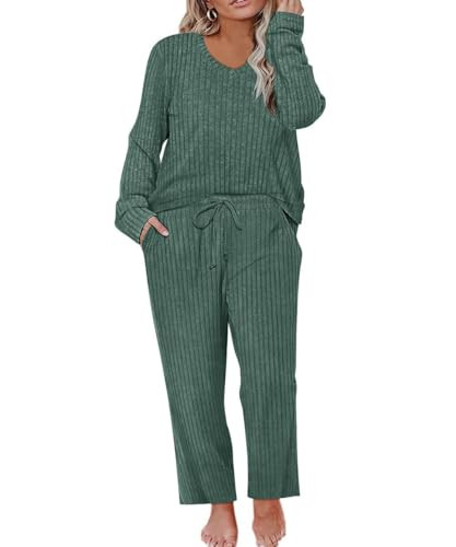 RITERA Womens Plus size 2 Piece Outfits Lounge Sets Green Ribbed Knit Sweatsuits Long Sleeve Pajamas Casual Pullover Tops Wide Leg Pants Matching Sets with Pocket 5XL 28W | Amazon (US)