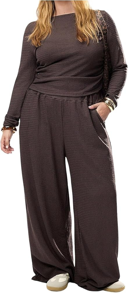 SOLY HUX Women's Plus Size 2 Piece Outfits Long Sleeve T Shirt Tops and Wide Leg Pants Casual Lou... | Amazon (US)