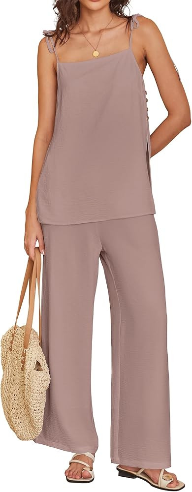 ANRABESS 2 Piece Sets for Women Summer Casual Lounge Spaghetti Strap Top Wide Leg Pants Matching ... | Amazon (US)