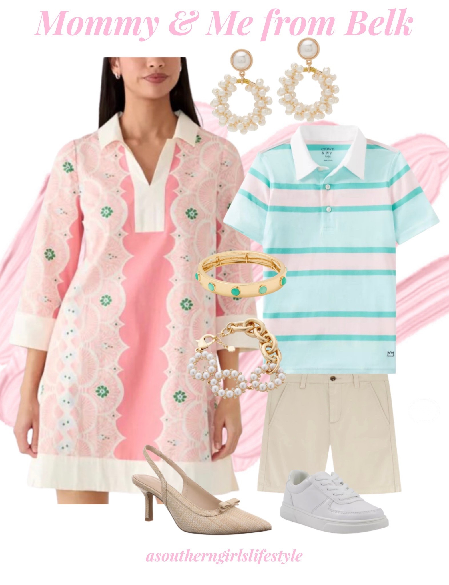 Everything is on Sale & from Belk! Still time to grab Easter matching mommy & me outfits! Also linked the previous girls dress I shared  

Peach Pink Floral Pullover Dress, Pearl Cluster Earrings, Stone Bangle Bracelet, Pearl Bracelet, Bow Kitten Heels, Short Sleeve Rugby Shirt, Twill Shorts & White Sneakers

Spring Outfits 2026. Easter Dress Women. Spring Dresses 

#LTKMomLife 

#LTKootd #LTKSaleAlert #LTKSeasonal