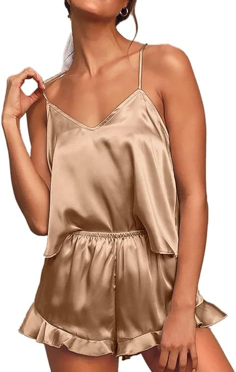 CHYRII Women's Sexy Silk Satin Ruffled Pajamas Sets Cami Shorts Sets Sleepwear | Amazon (US)