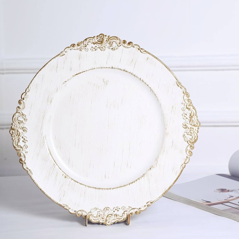 Efavormart 6 Pack White 13" Round Baroque Charger Plates Leaf Embossed Antique Gold Rim for Table... | Amazon (US)