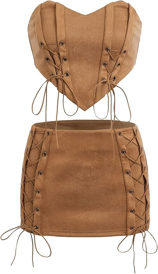 Verdusa Women's 2 Piece Outfits Lace Up Asymmetrical Hem Crop Tube Top and Skirt Set | Amazon (US)