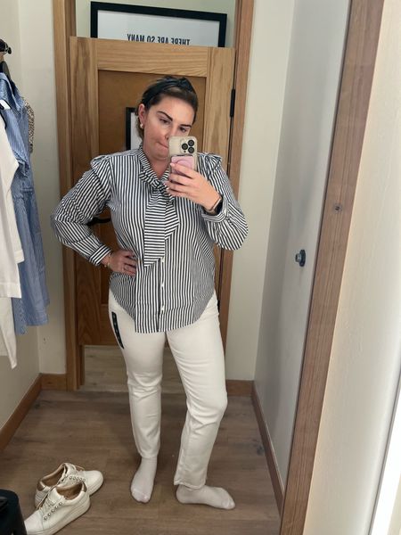 Jcrew factory has all the pretty blouses 

I love a good bow 

Top - large 
Pants - 30 

Work outfit, white pants, bow top, stripe top, work top, work blouse, professional outfit, business casual, classic style, fall transition 

#LTKmidsize #LTKstyletip #LTKsalealert