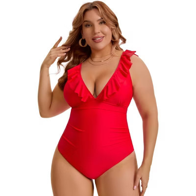 Women's Plus Size 1 Piece Tummy Control Push Up Ruffled V Neck Lace Up Beach Pool Vacation Swimming Swimsuit - Agnes Orinda L Red | Target