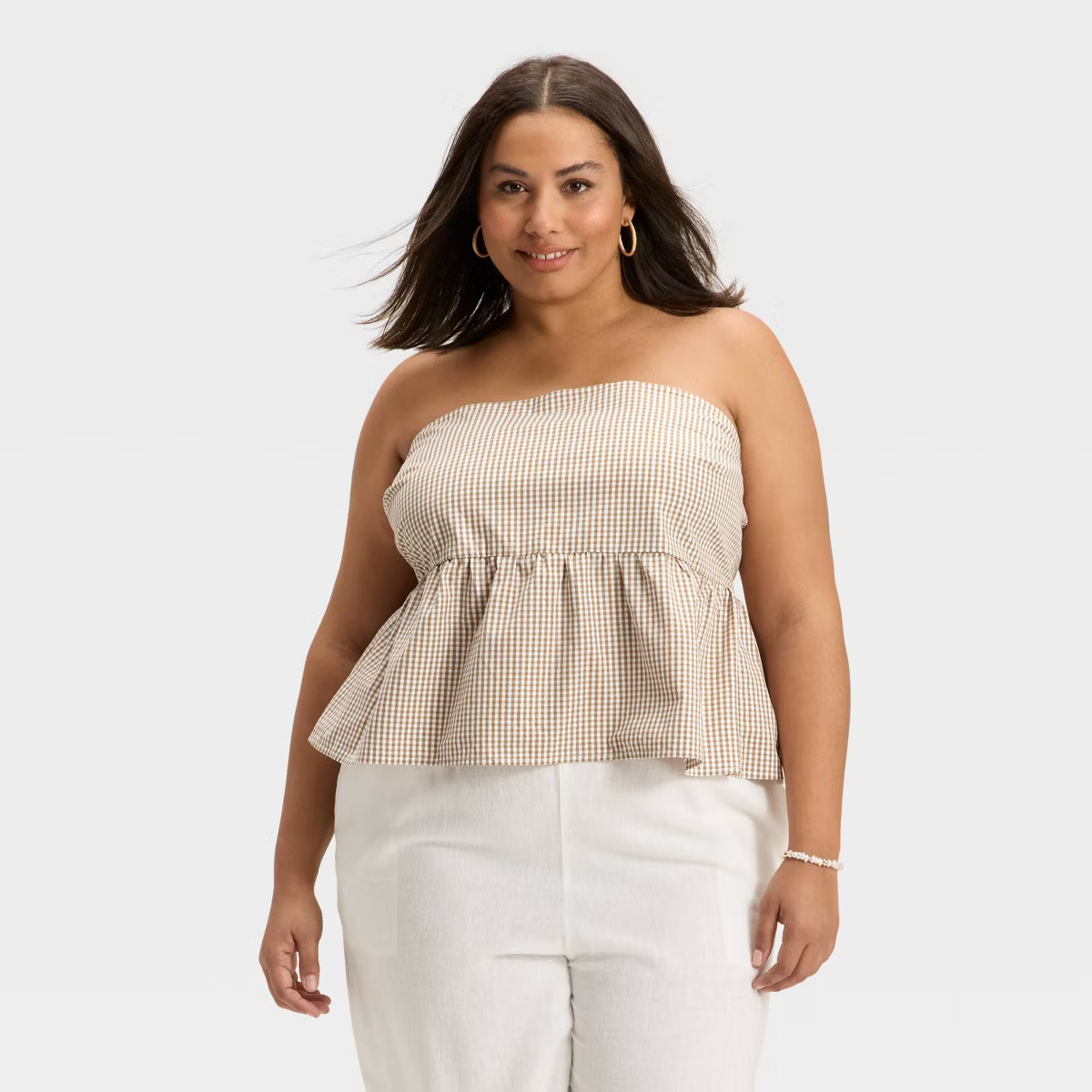 Women's Babydoll Tube Top - A New Day™ Brown Gingham 2X | Target