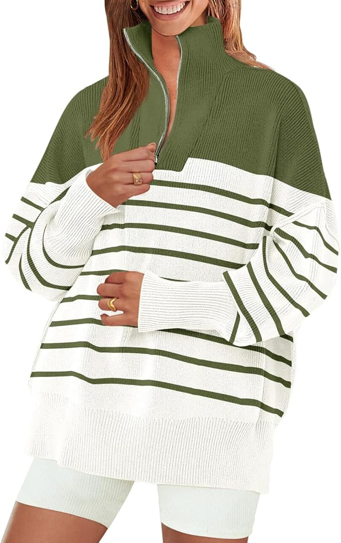 ZESICA Women's Striped Quarter Zip Sweater 2023 Long Sleeve Ribbed Knit Sweatshirt Loose Oversize... | Amazon (US)