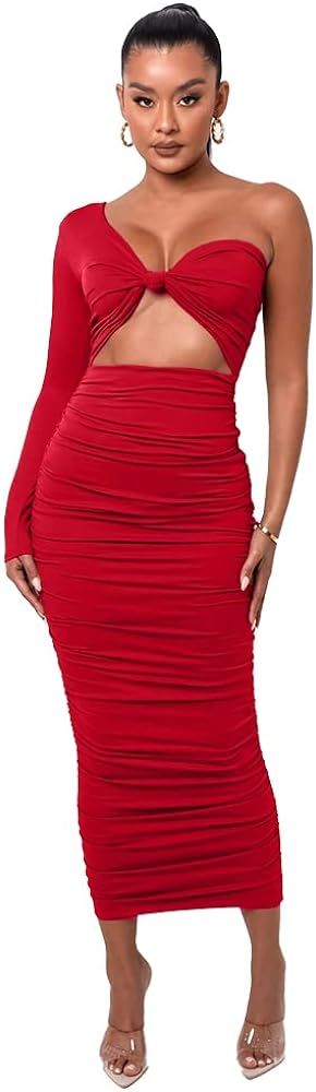 XLLAIS One Shoulder Party Bodycon Maxi Long Dresses for Women Sexy Tight Cut Out One-Piece Outfit... | Amazon (US)