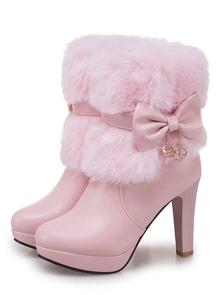 Retro Solid Furry Chunky Heel Short Boots | Retro Stage
