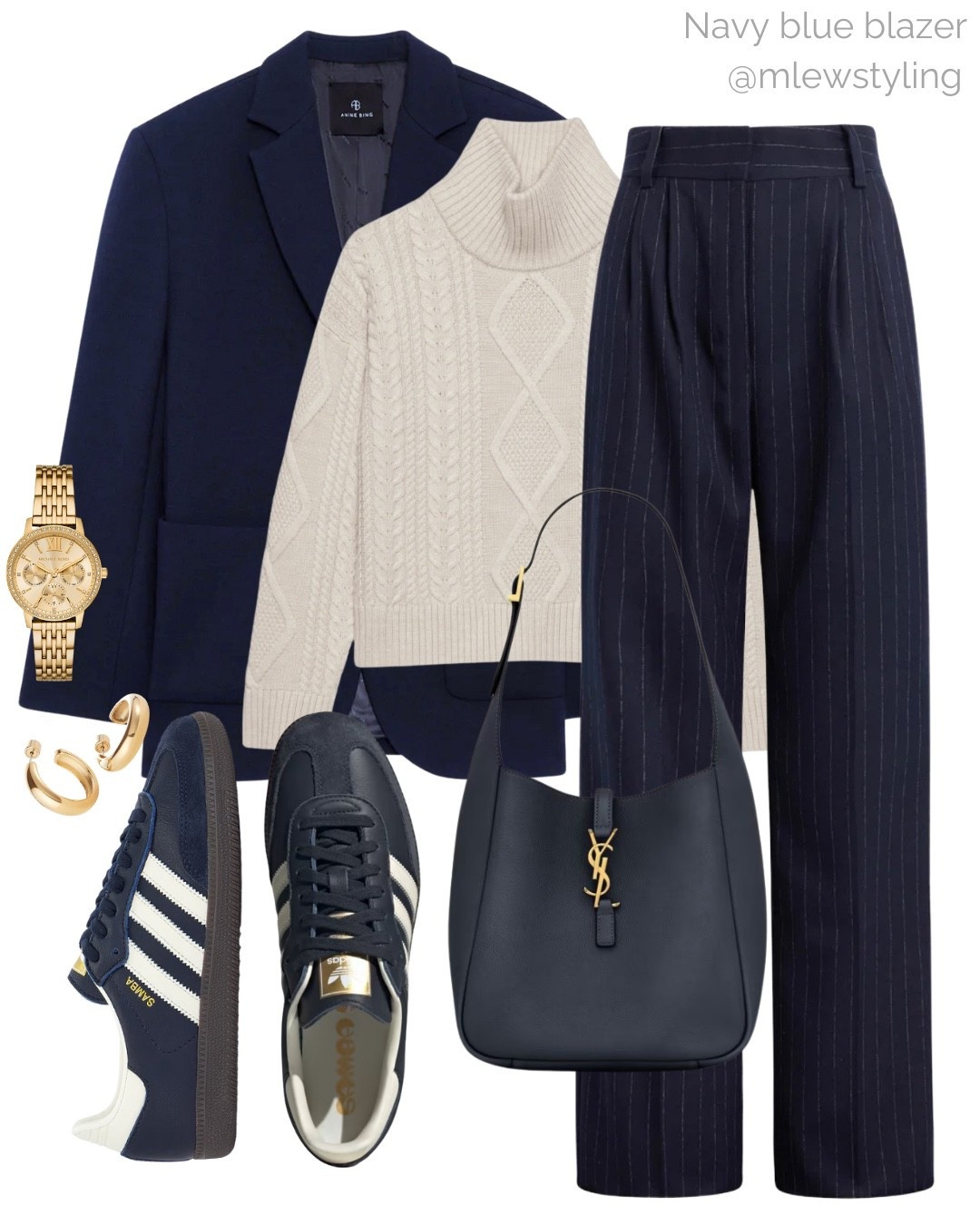 Casual workwear with a navy blue blazer 💙

Tags: winter outfit, anine bing blazer, aritzia cable knit turtleneck, favorite daughter pinstripe tailored pants, ysl navy blue bag, adidas samba sneakers, Michael kors gold watch, gold hoop earrings, fall fashion, work outfit 

#LTKWorkwear #LTKSeasonal #LTKootd