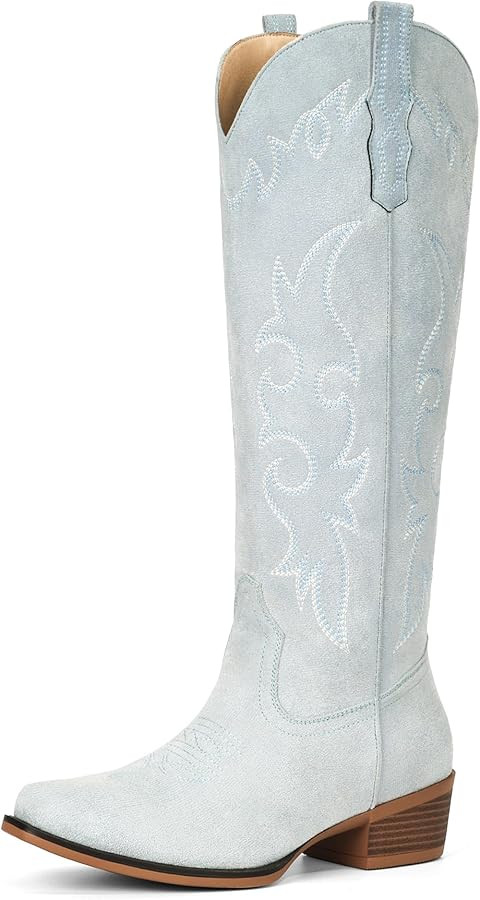 Suede Cowboy Boots for Women Knee High Western Cowgirl Boots Pointed Toe Low Heel Classic Embroid... | Amazon (US)