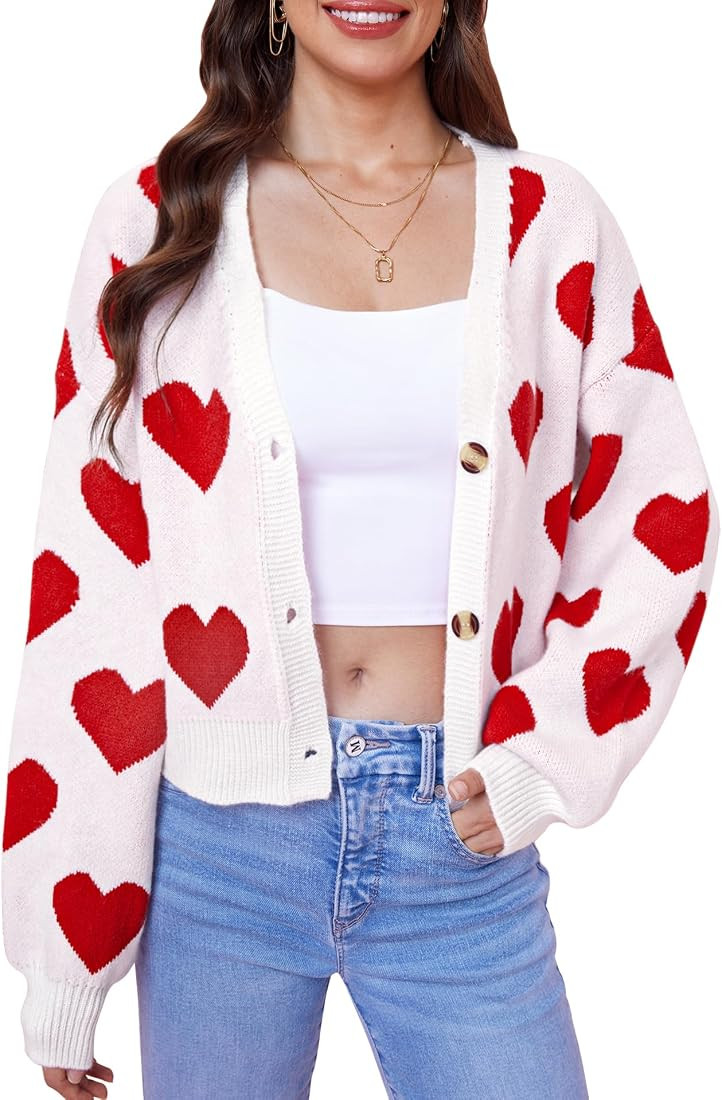Women's Valentine's Day Cute Y2K Cropped Cardigan Long Sleeve Button Down Heart Sweater | Amazon (US)