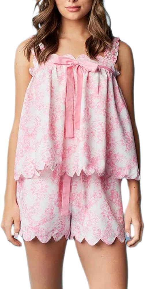 Juakoso Women Cute 2 Piece Set Ruffle Trim Cami Top Wide Leg Casual Shorts Set Floral Summer Vaca... | Amazon (US)