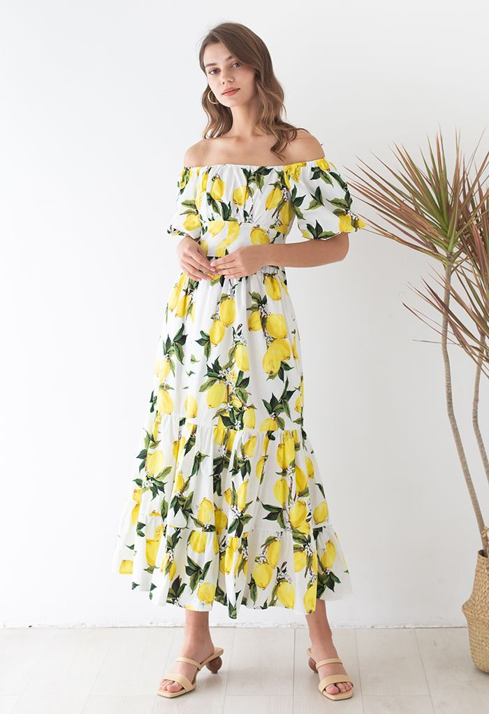 Off-Shoulder Bowknot Crop Top and Flare Skirt Set in Lemon Print | Chicwish