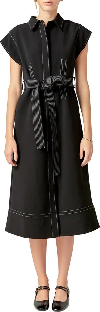 Contrast Stitch Tie Waist Midi Dress | Nordstrom