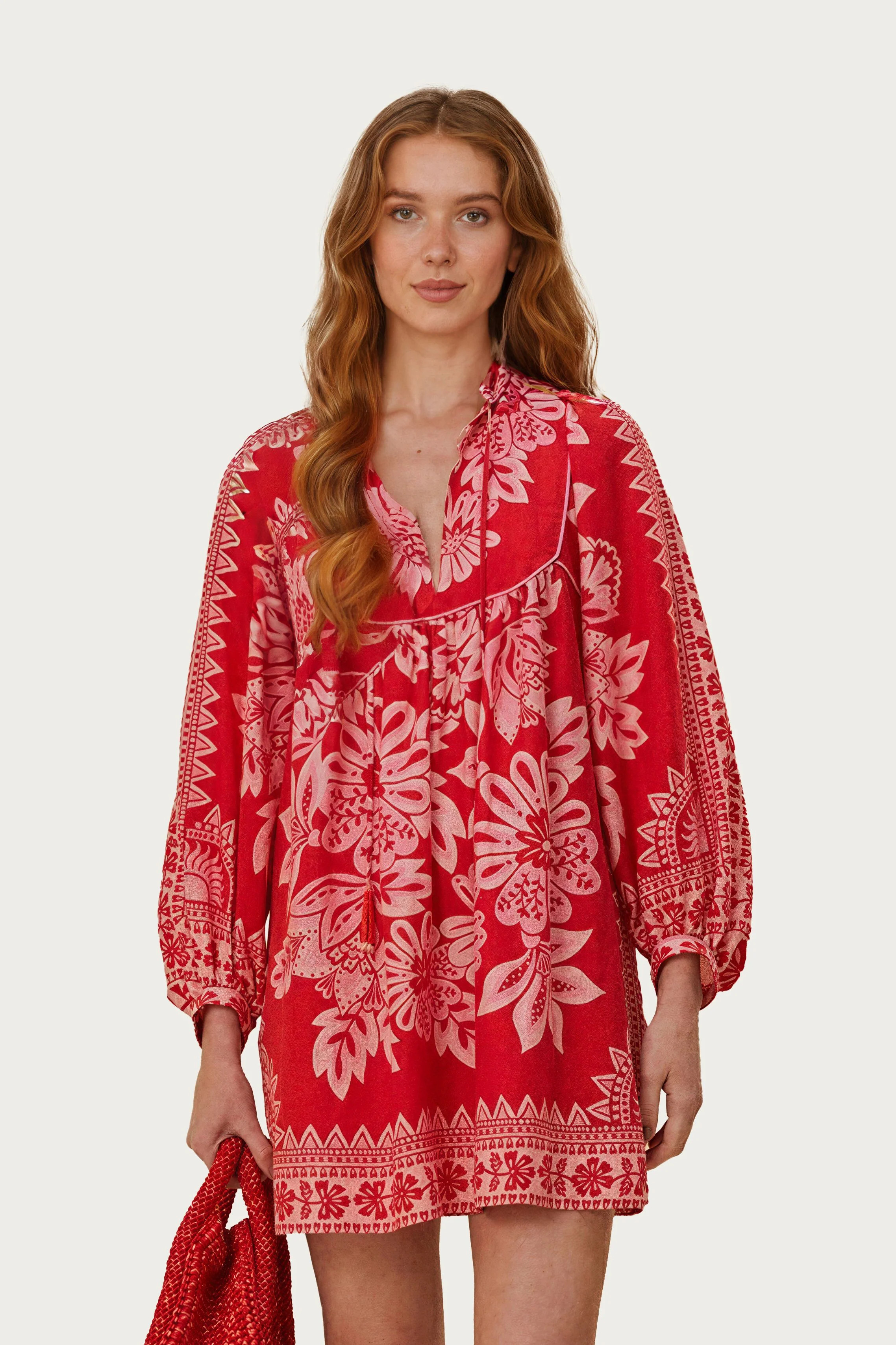 Flora Tapestry Red Long Sleeve Mini Dress | FarmRio (US)