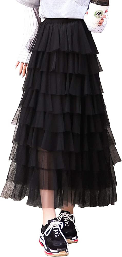 ebossy Women's Sweet Elastic Waist Tulle Layered Ruffles Mesh Long Tiered Skirt | Amazon (US)