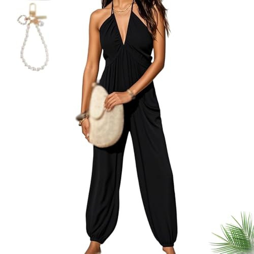 Luvani Plunge Halter Jumpsuit, Luvani Jumpsuit, Women'S Plunge Halter Sleeveless Pleated Long Romper with Pockets (Black,L) | Amazon (US)