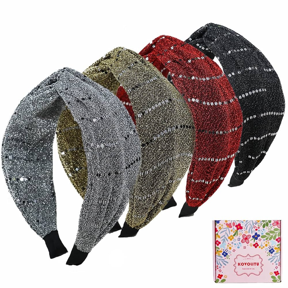 4 Pack Sparkle Wide Knotted Headbands for Women Girls Non Slip Fashion Cross Knot Hair Bands | Amazon (US)