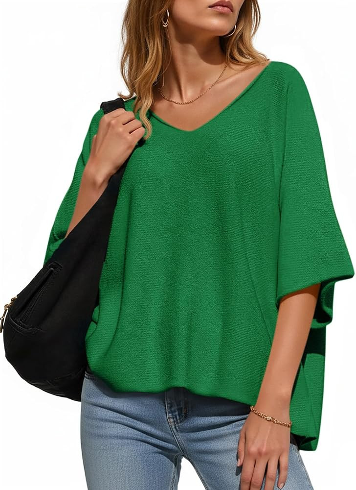 Saodimallsu Womens Short Sleeve Sweater Summer Oversized V Neck Knitted Pullover Trendy Casual To... | Amazon (US)