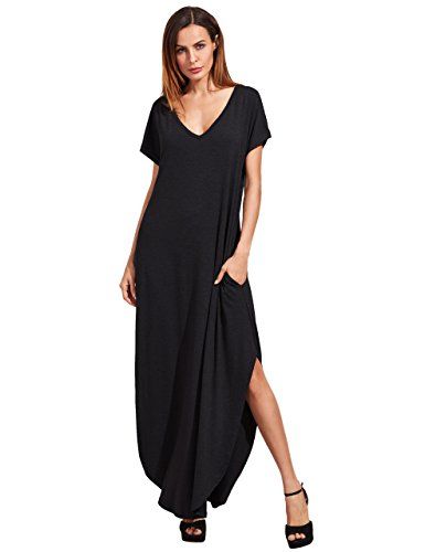 Verdusa Women's Casual V Neck Side Split Beach Long Maxi Dress Black XS | Amazon (US)