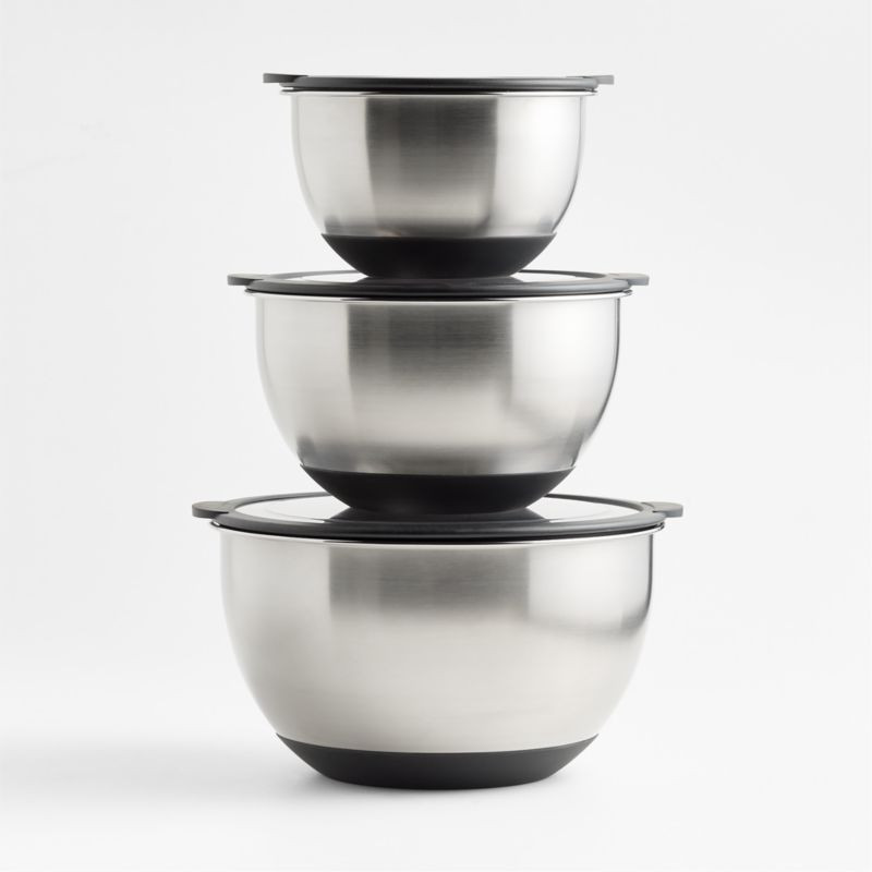 Silicone Grip Stainless Steel Mixing Bowls with Lids, Set of 3 + Reviews | Crate & Barrel | Crate & Barrel