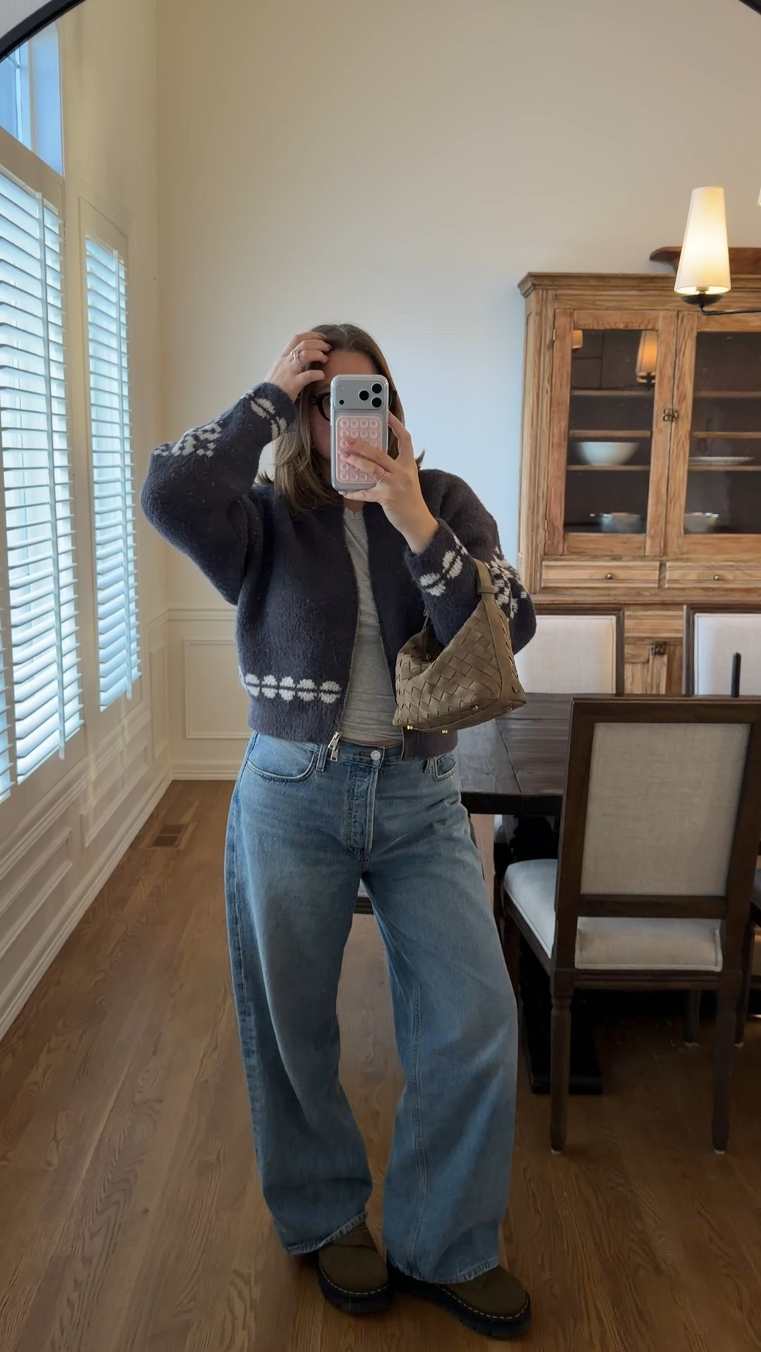 Sweater and tee tts M. Perfect Abercrombie layering tee  Jeans low rise soft rigid denim true to size for this baggy fit! Amazon purse is woven and looks super expensive. Dr marten slides are platforms, comfy, true to size and perfect for all weather I love the green color it’s subtle and they go with everything! 
