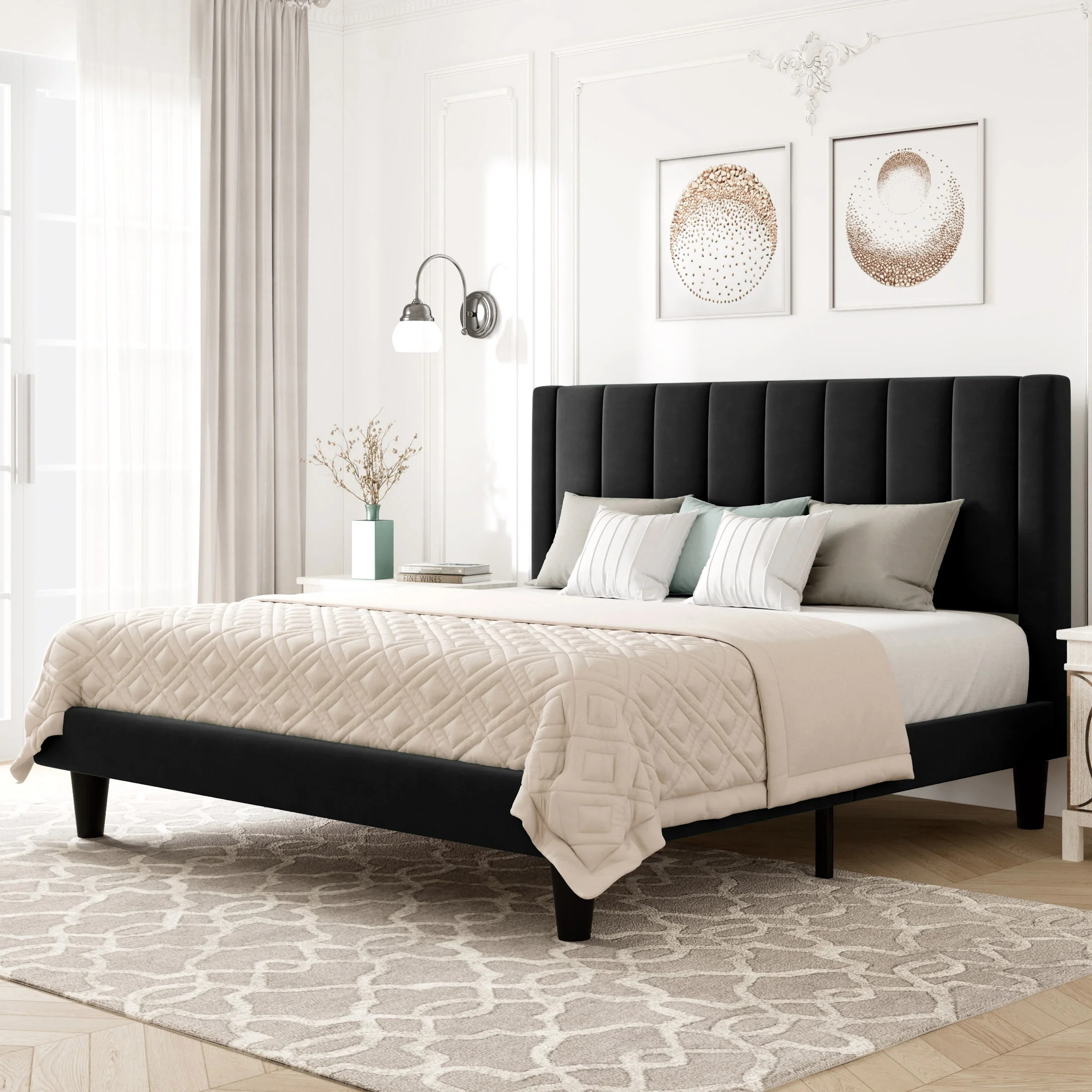 Allewie Queen Velvet Upholstered Bed Frame with Vertical Channel Tufted Headboard, Black - Walmar... | Walmart (US)