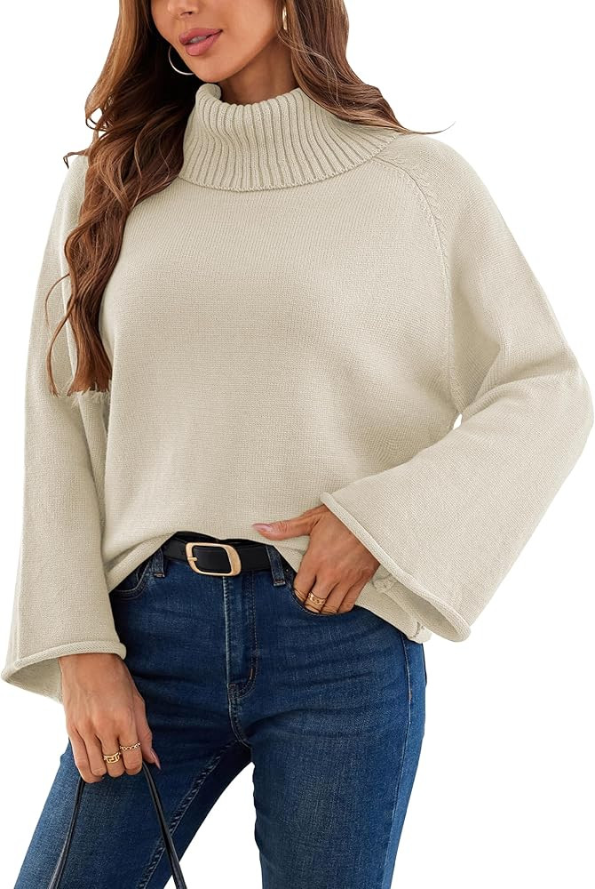 Angashion Womens Turtleneck Pullover Sweaters - Fall Winter Oversized Bell Long Sleeve Ribbed Kni... | Amazon (US)