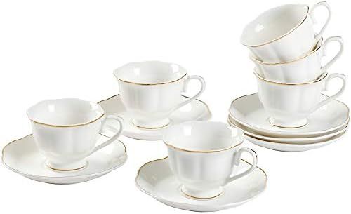 GuangYang 12 PCS White Tea Set-New Bone China Tea Cup and Saucer set of 6 with Gold Line Handle f... | Amazon (US)