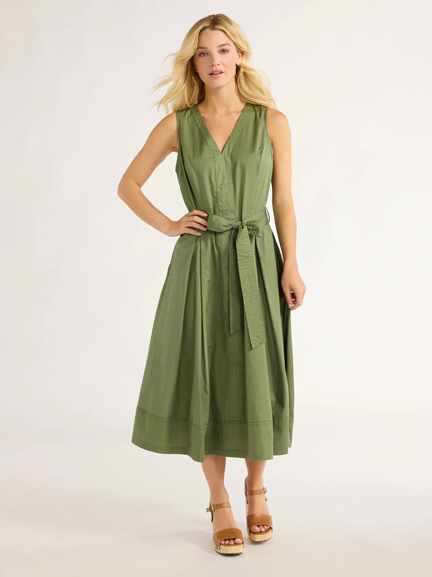 Free Assembly Women's Sleeveless V-Neck Belted Cotton Midi Dress, XS-XXL | Walmart (US)