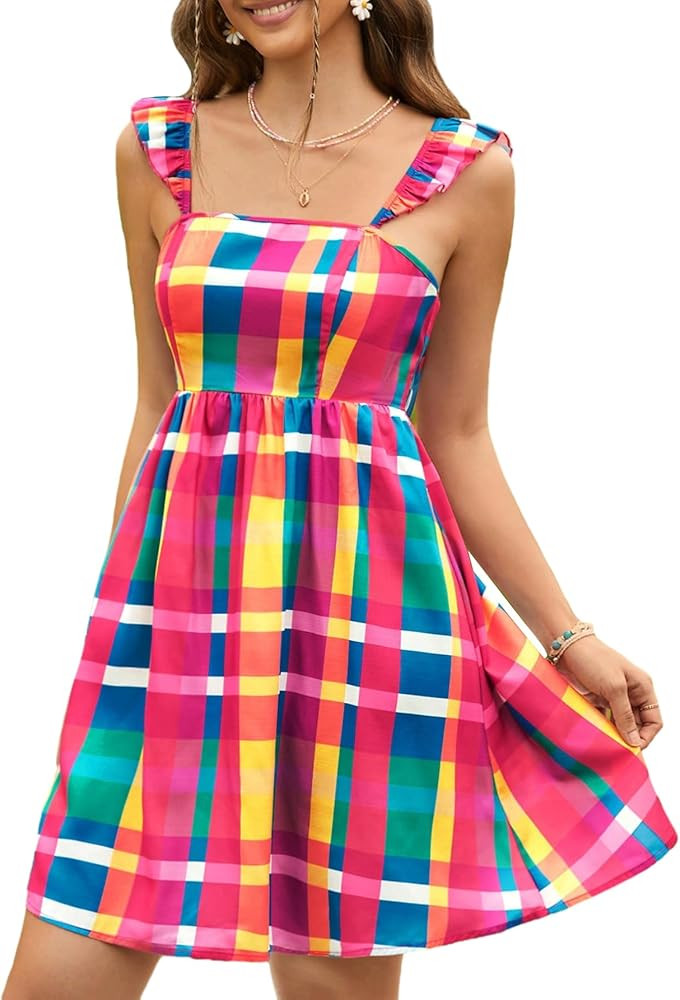 MakeMeChic Women's Tie Backless A Line Summer Dress Ruffled Sleeveless Square Neck Short Swing Dr... | Amazon (US)