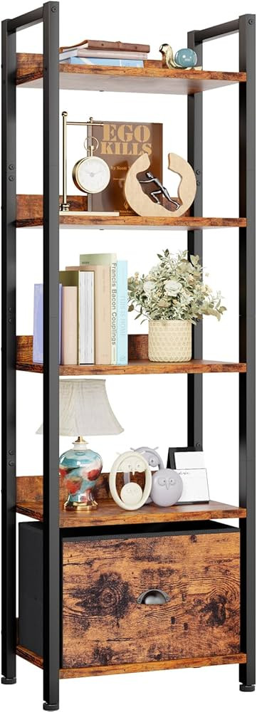 Furologee 5 Tier Bookshelf with Drawer, Tall Narrow Bookcase with Shelves, Wood and Metal Bookshe... | Amazon (US)