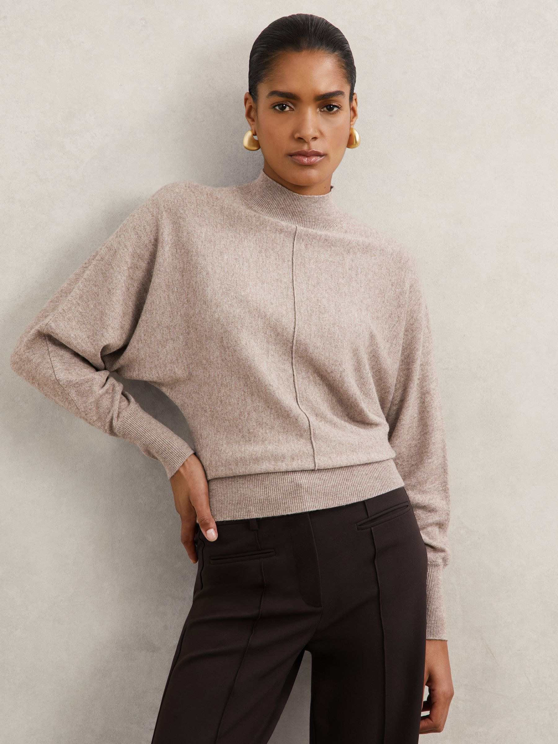 Wool-Blend Funnel-Neck Batwing Jumper with Cashmere in Neutral | Reiss UK