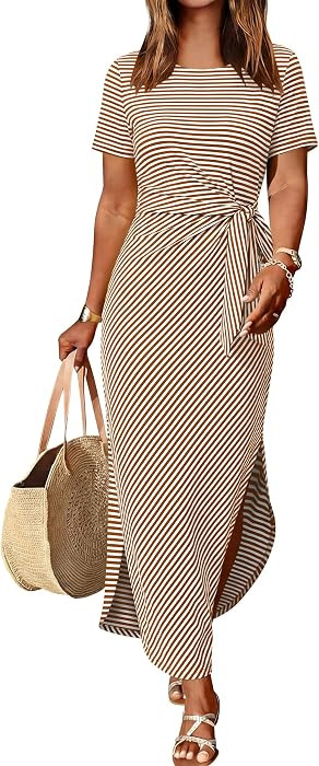 Prinbara Womens Summer Maxi Dress Casual Short Sleeve Tie Waist Split Long Tshirt Dresses 2026 Sp... | Amazon (US)