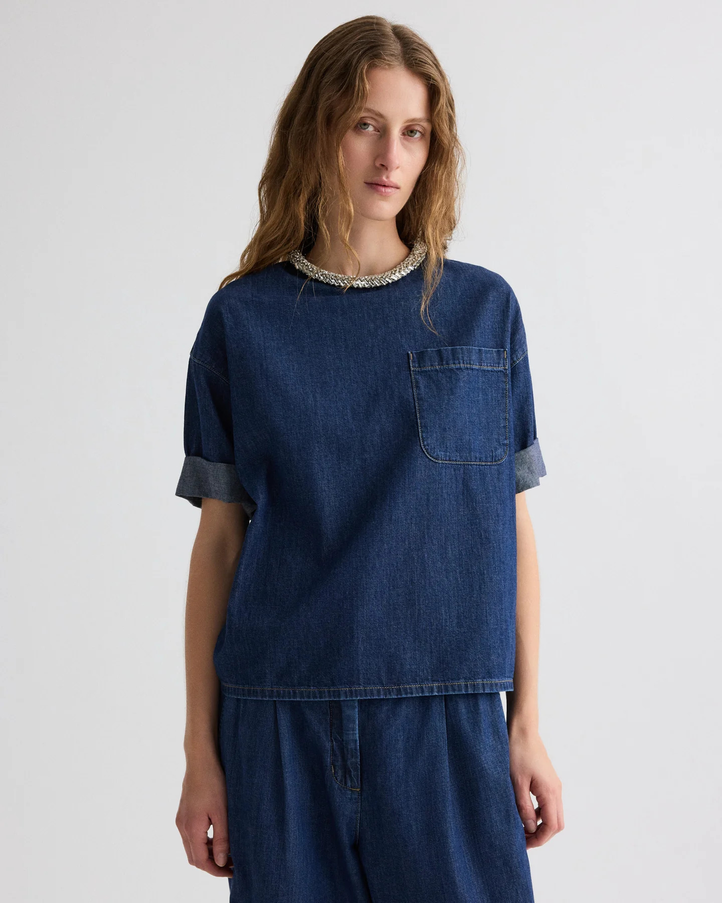 Ex T with Crystal Collar in Denim Shirting | TWP