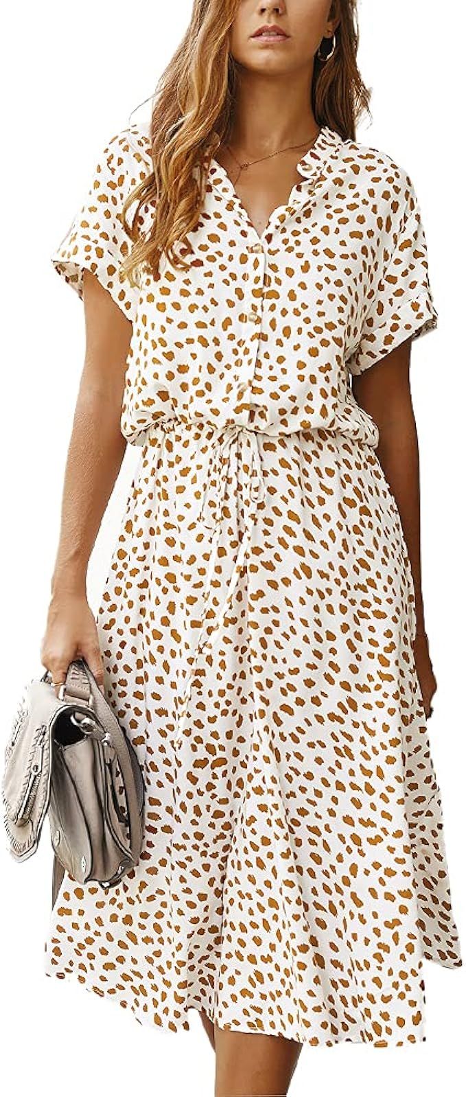 BROVAVE Women's Summer Polka Dot Print Shirt Dress Vintage Short Sleeve Button Down Midi Dress | Amazon (US)
