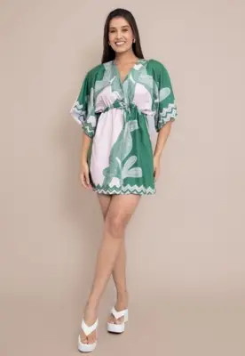 Vestido Feminino Manga Morcego Decote V Curto Estampado Tropical Acinturado Soltinho Fresquinho T... | Dafiti (BR)