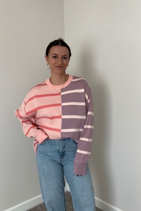 Striped Amazon women’s sweater // size medium for reference 🩷💜✨ perfect for Valentine’s Day! 

Free people inspired 

#LTKSeasonal