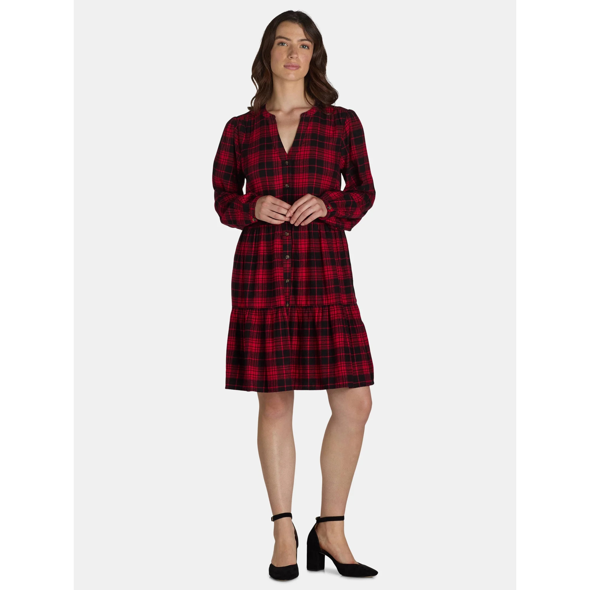 Time And Tru Women's and Women's Plus Tiered Plaid Shirt Dress, Sizes XS-4X | Walmart (US)