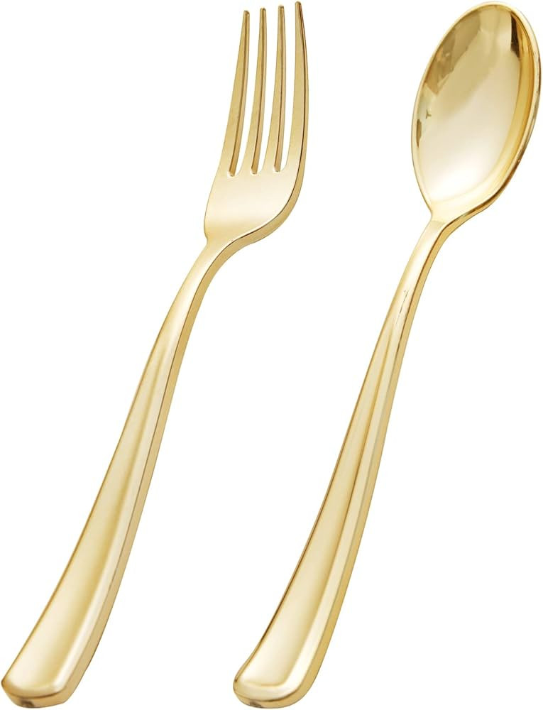 BUCLA 200-Piece Gold Plastic Silverware - Heavy Duty Disposable Cutlery Set - 100 Gold Plastic Fo... | Amazon (US)