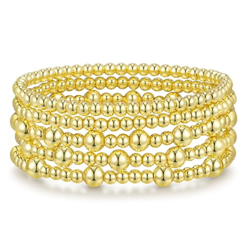 Gold Bracelets for Women Gold Bracelet Stack Gold Beaded Bracelets for Women 14K Gold Plated Stretch Bead Ball Bracelet Sets Jewelry for Christmas Birthday Gifts | Amazon (US)