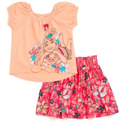 Disney Moana Toddler Girls Square Neck T-Shirt and Skirt Outfit Set Peach Orange Moana 4T | Target
