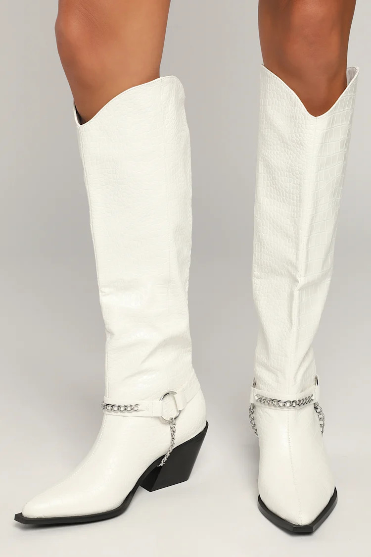 Uzara White Crocodile-Embossed Slip-On Knee-High Boots | Lulus (US)