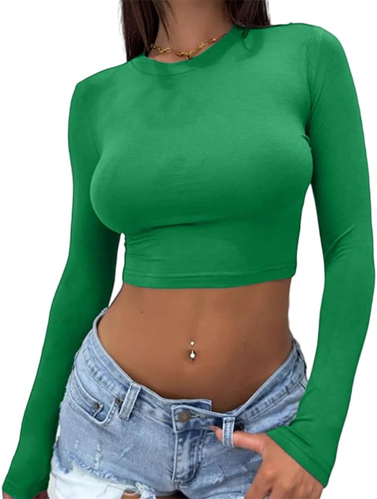 Abardsion Women's Sexy Long Sleeve Crop Top 2024 Crew Neck Basic Fitted Tight Cropped T Shirts | Amazon (US)
