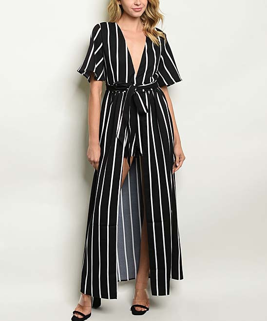 The Balec Group Women's Jumpsuits BLACK - Black Stripe Belted Walk-Through Romper - Women | Zulily