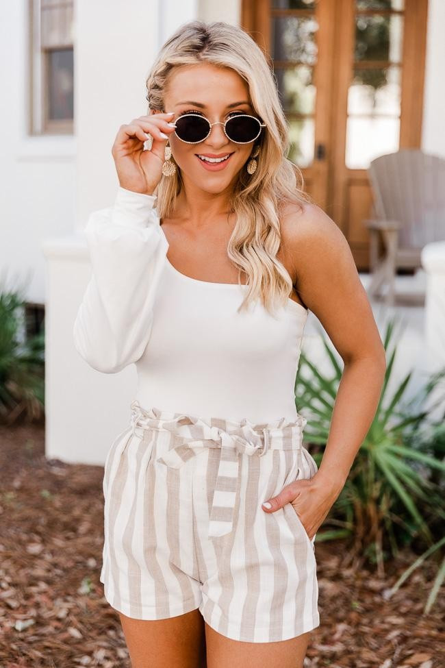 A Matter Of Time Striped Taupe Shorts | The Pink Lily Boutique