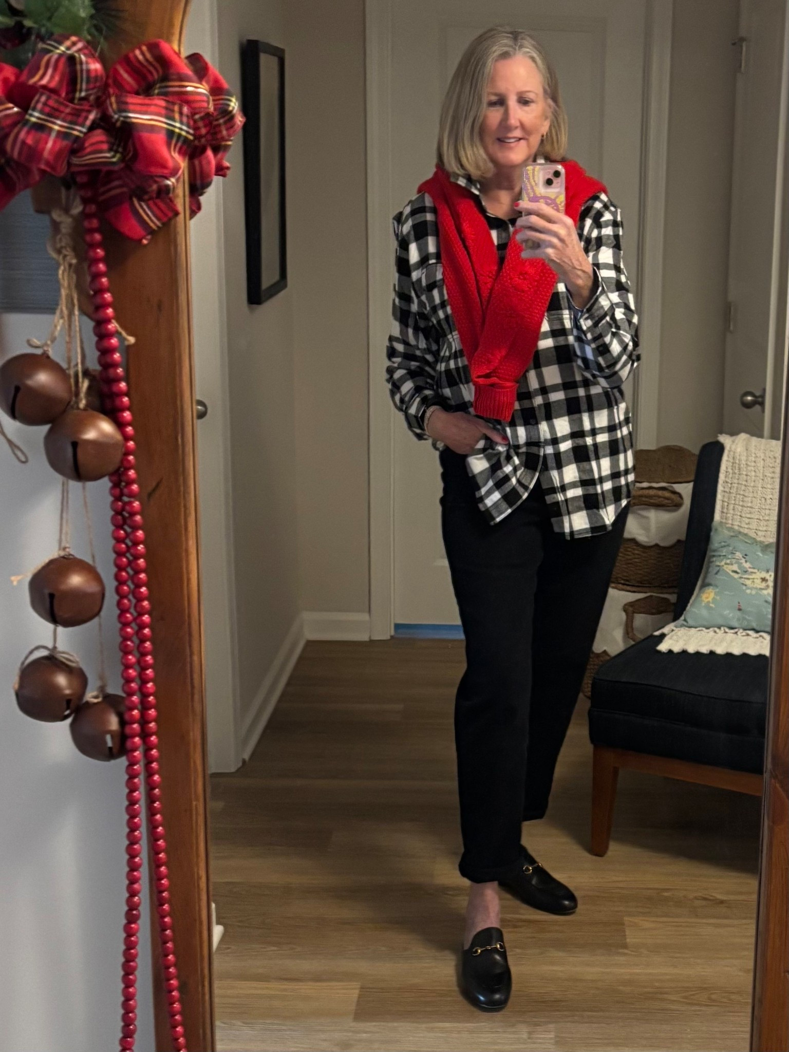 Casual neighborhood Christmas gathering. I’m not a red person, so to me just adding a pop of a red sweater feels festive. I found it at a local shop, but I linked a few options. The flannel shirt brand is a fave of mine and it’s less than $12! But wait, there’s more, it’s men’s! Added Gucci mules to round out this hi-low fit. 

#LTKOver40 #LTKHoliday #LTKmomlife